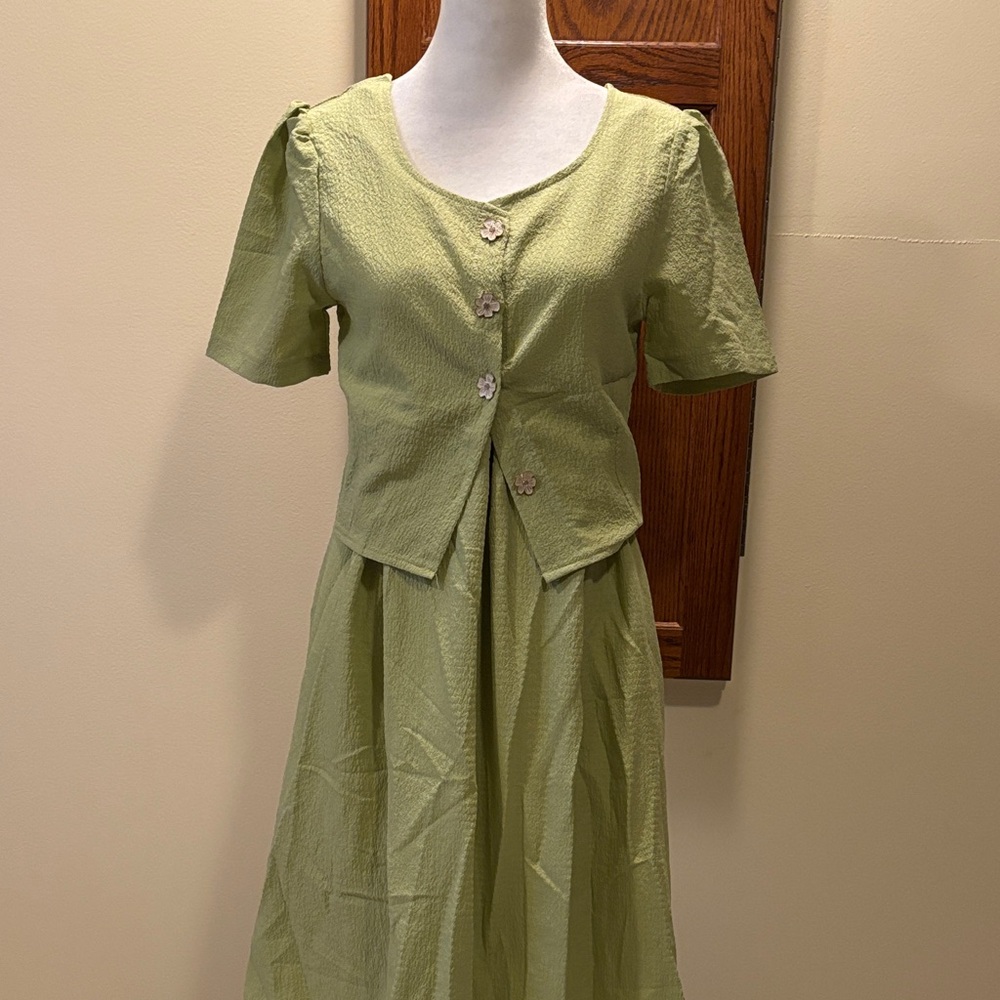 Chase Light Green Textured Fabric Top and Skirt  - 2